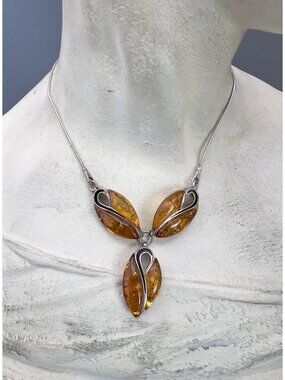 Modernist Vintage Baltic Amber Sterling Silver Triple Leaf Pendant Necklace